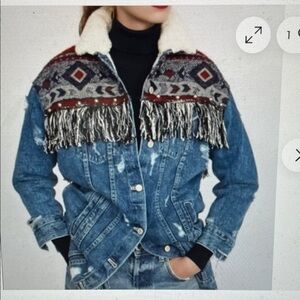 Zara distressed Denim Sherpa lined Jacket with Aztec Patterned /studs/Fringe